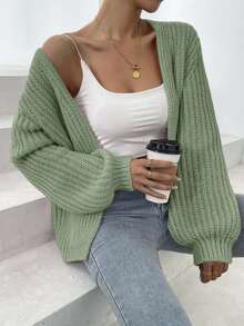 EURMUSE 女士纯色落肩长袖宽松休闲针织开衫 - 薄荷綠 - 查看 4