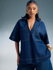 Denimoi 女士时尚落肩宽松牛仔衬衫，夏季 - 藍色 - 查看 2