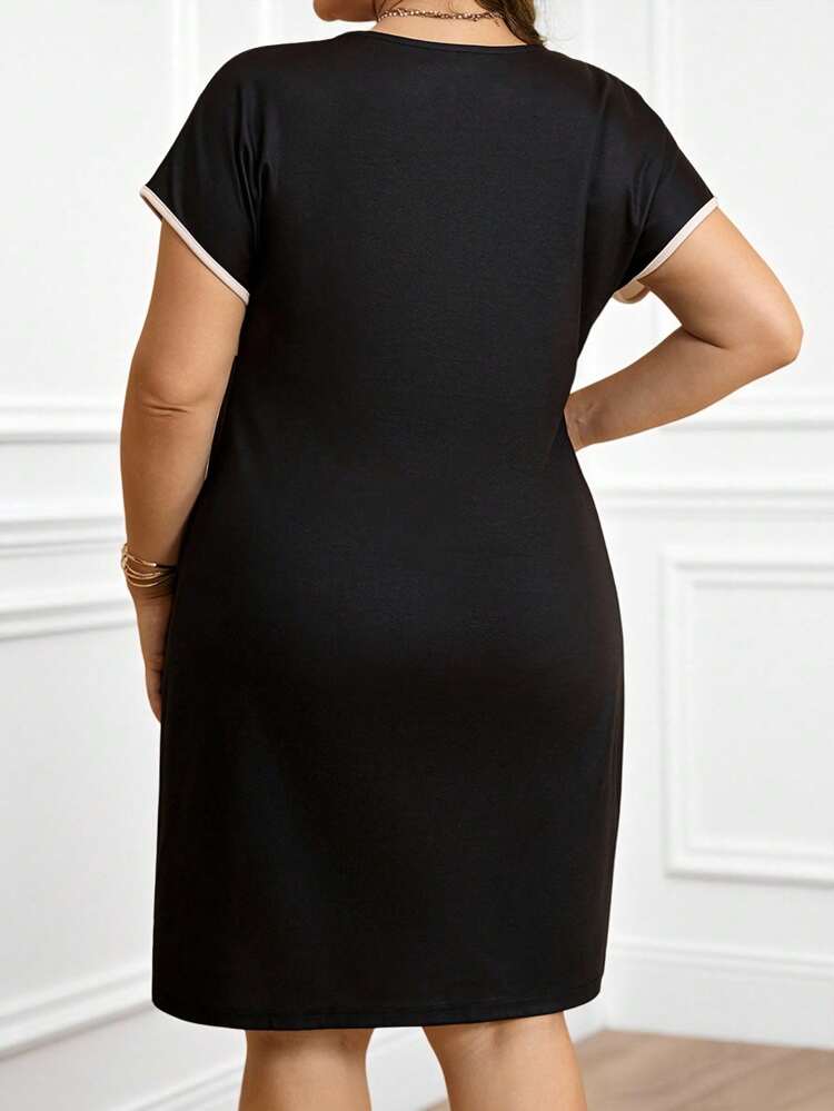 Plus Size Women's Short Sleeve Color Matching Casual Fitted Dress Summer Dress, Fashionable And Elegant Summer Dress, Business Casual Women's Dress, Women's Graduation Dress, Women's Wedding Guest Dress, Graduation Dress, Women's Work Clothes,Tea Party Dress,Spring/Vacation