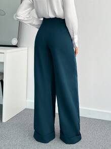 SHEIN Tall 女士纯色高腰阔腿裤 - 墨綠色 - 查看 2