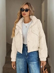 Easowa Button & Zipper Front Slant Pocket Hooded Long Sleeve Casual Loose Commuter Vintage Style Padded Coat For Women, Autumn/Winter Winter For Women Winter For Women Women Winter Jacket For Women Winter Jacket Women Cropped Jackets Fall For Women Corduroy Jacket Casual Women Outerwear - Apricot - View 7