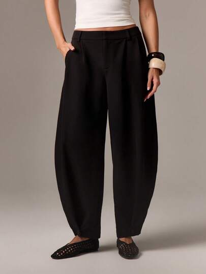 AiiRZ Contemporary Wide Leg Barrel Shape Tailored Trousers Office Wear Professional Workwear Palazzo Style Pleated Front Pants, Modern Professional