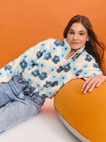 SHEIN Tween Girls' Casual Jacquard Knit Stand Collar Long Sleeve Jacket - Blue and White - View 4