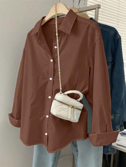 INAWLY Camisa de mujer holgada de unicolor, de solapa única, de manga larga para uso casual/laboral