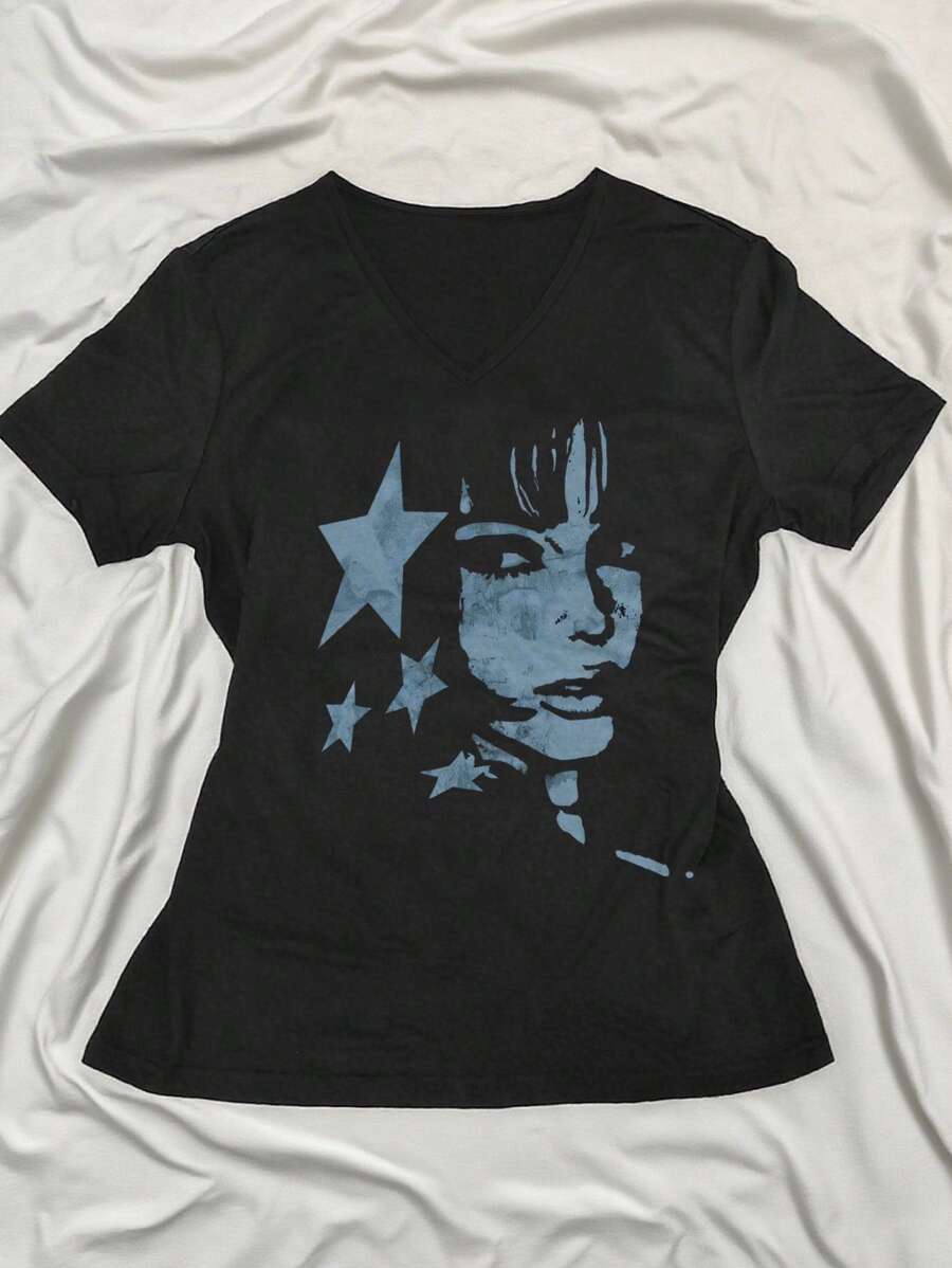 复古风格五角星和人物印花 V 领短袖 T 恤，适合春夏季的美观休闲衬衫 - 黑色 - 查看 1