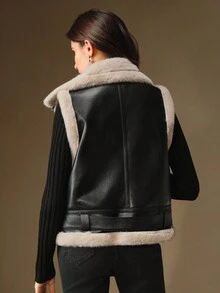 Anewsta 女士休闲拉链背心夹克，带毛领，适合秋冬季日常穿着 - 黑與白 - 查看 10