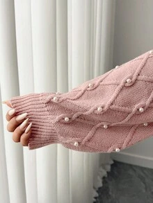 Elenzga Plus Size Women's Beaded Crew Neck Sweater Winter Fall Autumn - Pink - View 7
