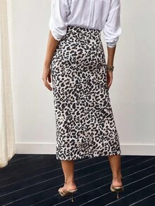 EMERY ROSE Women Leopard Print Slit Skirt, Casual Vacation - Multicolor - View 6