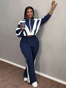 Slaydiva Women Contrast Color Block Zip Front Jacket And Wide Leg Pants Casual 2pcs Set - Navy Blue - View 5