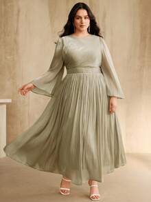 Anewsta Plus Size Women Long Sleeve Dress, Elegant & Versatile For Commuting, Spring/Autumn - Lime Green - View 4