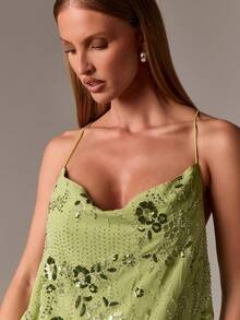 AiiRZ 派对俱乐部套装 串珠亮片吊带背心 褶饰迷你裙 晚会服装 婚礼宾客亮片夏季节日服装 - 藏蓝色 - 查看 5