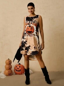 SHEIN VCAY Váy không tay in hình bí ngô và ma cà rồng nhuộm màu cam và đen cỡ lớn cho lễ Halloween, trang phục Halloween, váy nhuộm màu thu, cho tiệc Halloween - màu nâu - Xem 4