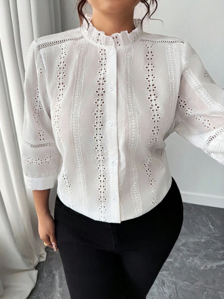 Elenzga Elegant Embroidered Hollow-Out Blouse Fall - White - View 1