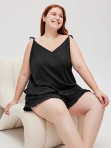 LUVLETTE 女士加大码透气黑色100%纯棉V领吊带背心和短裤套装，轻盈舒适，居家休闲可爱睡衣套装，带口袋，浪漫居家舒适之选