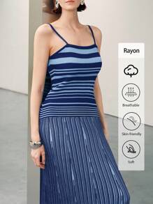 Elenzga Women's Casual Everyday Contrast Stripe Pattern Sleeveless Knit Dress, Summer Knitted Sweater - Blue - View 1