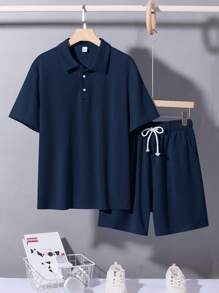 SHEIN Teen Boys' Blue Solid Color Shorts & Polo T-Shirt Set, Casual, Comfortable, Fashionable, Versatile, Suitable For Daily Wear, School, Travel, Beach Vacation