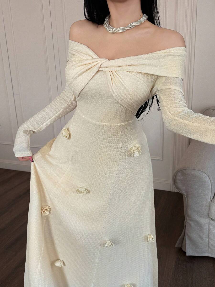 Feyla 3D花卉扭花露肩长袖优雅优雅连衣裙 - 杏色 - 查看 1