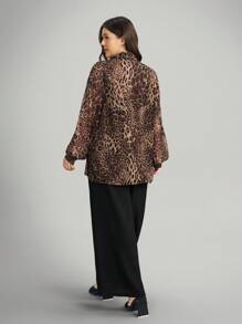 Comfylo Flowy Sheer Leopard Print Plus Size 2 Pieces Set: Blouse And Wide Leg Pants Plus Size Pants Set Animal Print Plus Size Cheetah Print Outfit Women Chic Winter Winter Party Fall Halloween Christmas