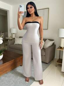 Chiquease 2 件套女士套装杏灰色吊带背心式上衣，背部有褶饰，搭配直筒裤 - 彩色 - 查看 6