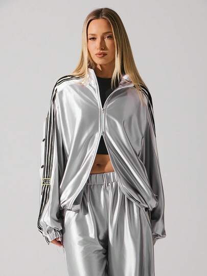 Menodora SHEIN Sport 女式银色侧条纹运动夹克 秋冬轻便户外