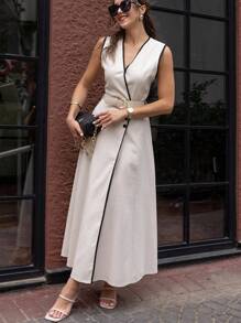 Serisse Váy midi viền màu tương phản cho kỳ nghỉ thường ngày của phụ nữ - Màu be - Xem 10