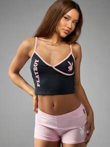 Missguided x Playboy 兔子吊带背心短款上衣，粉色饰边 V 领无袖夏季节日 Y2K 时尚