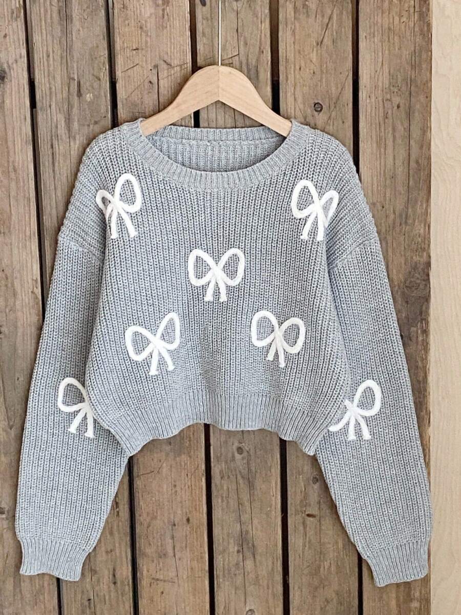 Sparklyn Tween Girl New Fashionable Versatile Cute Bow Knit Pullover Sweater Bow Sweater Bow Knit Sweater Sweater With Bows Bow Sweater Cropped Bow Sweater Cute Sweaters Sweater Fall Winter Fall Craft Sweater Cute Bow Sweaters - Grey - View 1