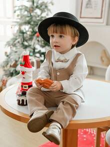 Souflis Souflis 秋冬宝宝男童绅士装套装，白衬衫卡其色背心二合一+裤子，法式复古风，适合婚礼、演出、正式场合，温暖又时尚百搭 - 卡其色 - 查看 6