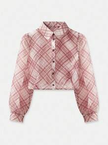 lacRébo 复古风透明格纹泡泡袖衬衫 返校节上衣 秋季女装 返校节上衣 外出上衣 秋冬