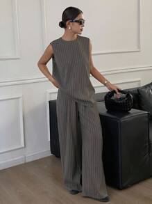 Livesso Bộ 2 món áo không tay và quần ống rộng kẻ sọc mùa hè cho nữ - Xám - Xem 4