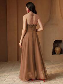 Anewsta Elegant Red Spaghetti Strap Ruched Waist Dress With Ruffled Hem, High-End Mini Cocktail Dress - Khaki - View 2