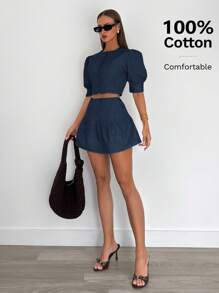 Conjunto de dos piezas para uso diario para mujeres, ropa de verano para mujeres, conjuntos de mujeres de 2 piezas, camisas de verano 100% algodón, color amarillo mantequilla, atuendos de vacaciones para mujeres, vestidos de graduación para mujeres - Azul marino - Ver 4
