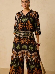 SHEIN VCAY Bộ đồ liền thân in họa tiết nhiệt đới màu đen cỡ lớn dành cho nữ, quần ống rộng buộc eo tay ngắn - màu đen - Xem 5
