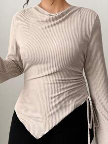 Elenzga Plus Size Women's Soft Brushed Apricot Long Sleeve T-Shirt, Asymmetrical Hem, Suitable For Commuting And Dating, Autumn/Winter Fall Cloth For Women - Apricot - View 5