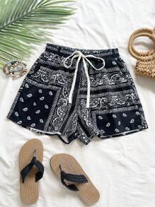 Soleia Paisley Print Drawstring Waist Shorts - Black and White - View 5