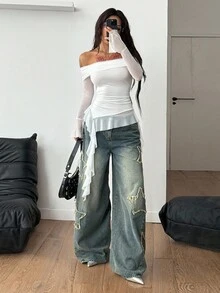 Coolane Women's Fall/All-Season Streetwear Festival Country Concert Y2K Boho Gyaru Ruffle Ribbon White Off The Shoulder Tees,Fall Tops - White - View 4