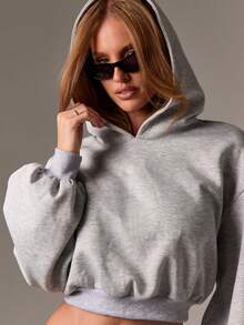 AiiRZ Áo hoodie crop top cỡ lớn thường ngày cho nữ, áo chui đầu có mũ rút dây, thời trang mùa thu đông, đồ mặc nhà, áo nỉ dài tay nhẹ, đồ mặc dạo phố cơ bản - Xám - Xem 5