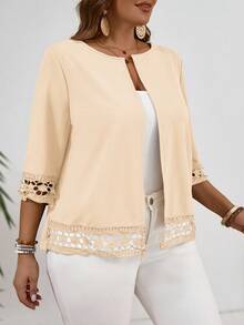EMERY ROSE Plus Size Women Hollow Sleeve Solid Color Open Front Casual Lightweight Jacket Winter Fall Autumn - Apricot - View 6