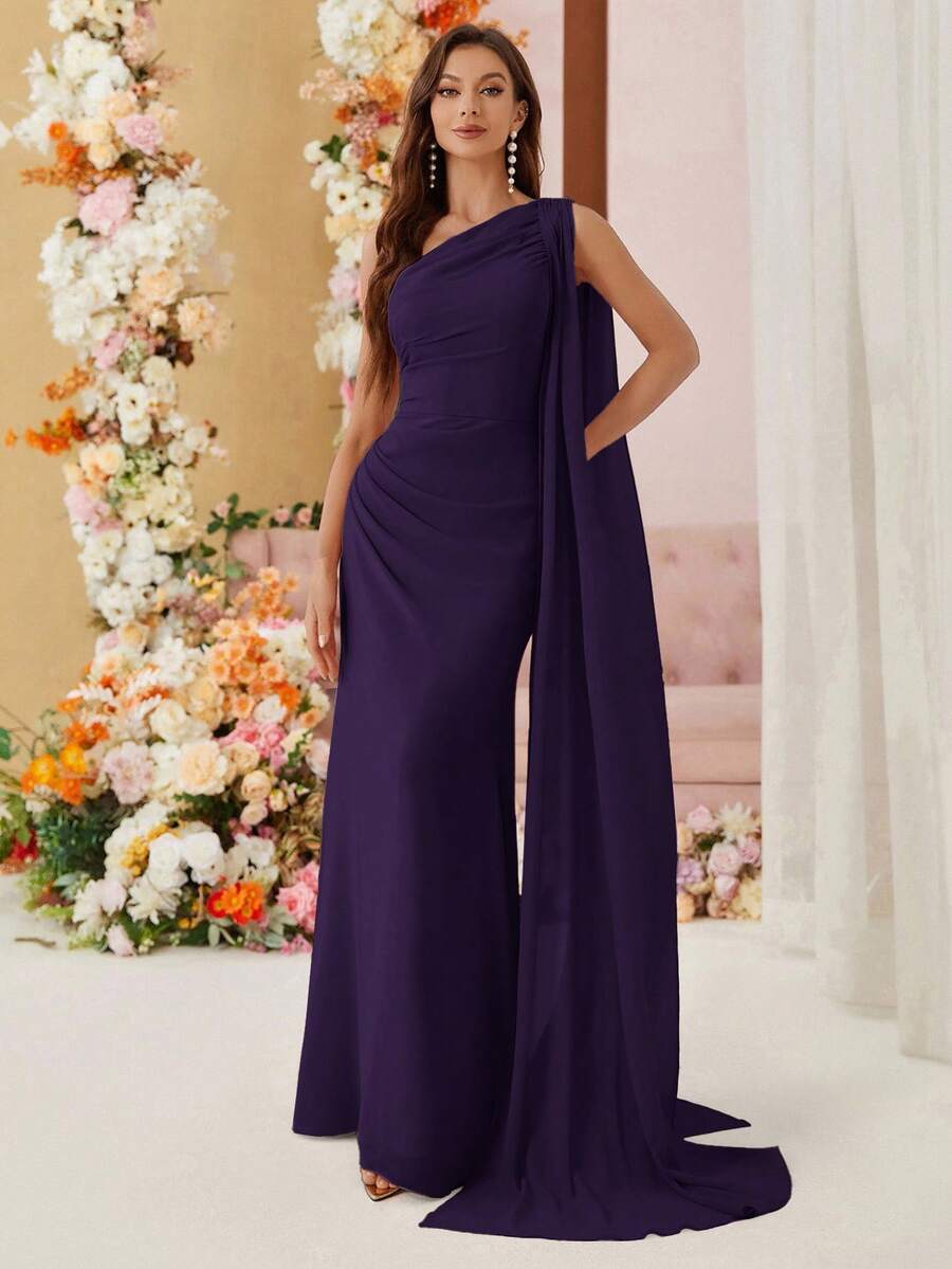 SHEIN Belle 不对称肩部和垂坠细节雪纺伴娘礼服（成人款） - 深紫色 - 查看 1
