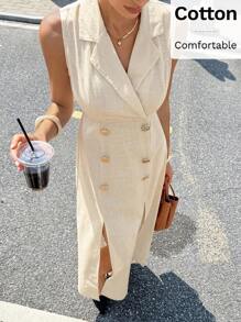 Siren Gaze 女式纯色翻领双排扣无袖休闲连衣裙 - 杏色 - 查看 4