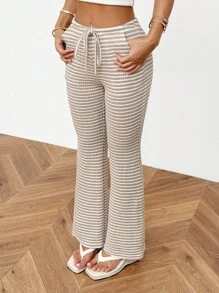 SHEIN PETITE 女式休闲通勤条纹喇叭裤 - 棕色 - 查看 1