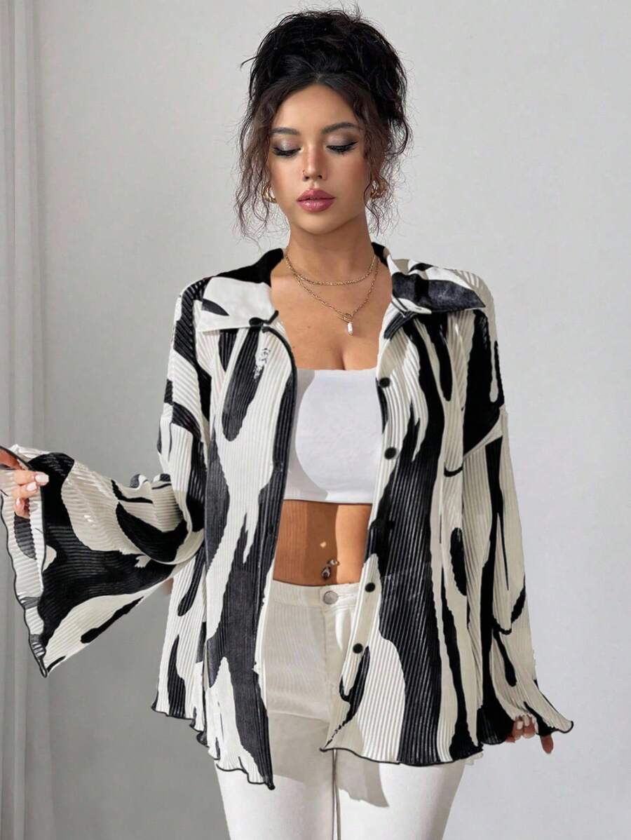 SHEIN Unity Rafferiza Women Spring/Summer Fashion Holiday Commute Loose Dropped Shoulder Long Flared Sleeve Pleated Blouse, With Random Spring/Summer Color Block Print, Long Sleeve Top Fall Cloth For Women - Apricot - View 1