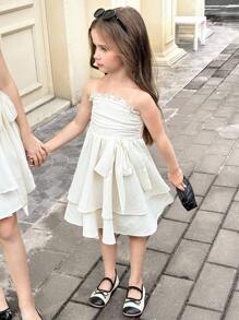 SHEIN 年轻女孩编织纹理荷叶边蝴蝶结分层蛋糕裙腰带优雅连衣裙，白色连衣裙，法式仙女风格，公主裙，适合生日派对，毕业舞会，派对 - 米色 - 查看 14