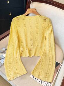 Franclia Women's Autumn Casual Simple Solid Color Bell Sleeve Front Knot Open Knit Crop Yellow Cardigan Fall Winter Cloth For Women - Yellow - View 2