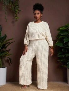 Slaydiva Autumn Plus Size Women Casual Elegant Bubble Sleeve Top And Wide Leg Pants Set,Peach Everyday Smart Casual Street Style,Fall Clothes For Women - Brown - View 8