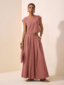 Zivah 2025新款夏季休闲度假优雅日常约会沙滩装生日派对圆领插肩袖短袖剪裁T恤+百褶裙长裙绿波条纹梭织女士两件套 - 粉色 - 查看 5