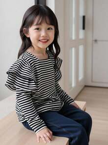 SHEIN 适合年轻女孩的基本款条纹T恤休闲针织上衣，适合返校、上学和居家穿着 - 黑色 - 查看 6