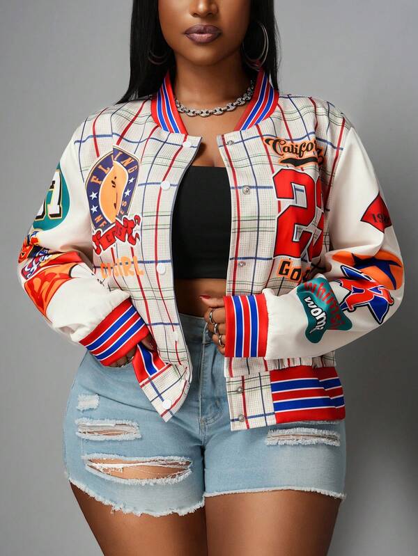 Slaydiva 2025 Early Autumn New Arrival, Casual Street Style & Daily Wear & Campus Style, Multi-Color Plaid & English Letter Print Loose Fit Short Cropped Long Sleeve Jacket, Women Plus Size Lightweight Jacket Coat - A Winter Fall