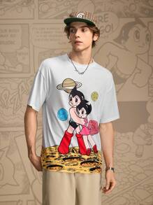 Astro Boy X SHEIN Men's 1pc Cartoon Figure Graphic Round Neck Drop Shoulder Oversize Short Sleeve T-Shirt - Grey - View 4