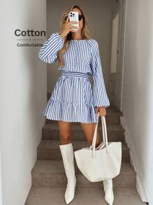 Easowa Round Neck Button Half-Open Collar Waist Gathered Ruffled Hem A-Line Maxi Dress, Long Sleeve, Casual Loose Commuter Vintage Style Cotton Striped Mini Dress For Women - Blue and White - View 5